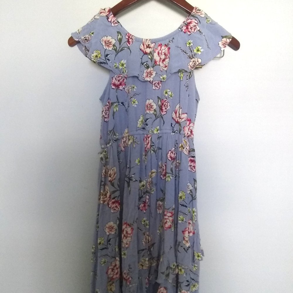 NWOT Knitworks SZ 12 Purple Floral Ruffle Sleeveless Hi-Low Knee Length Dress
